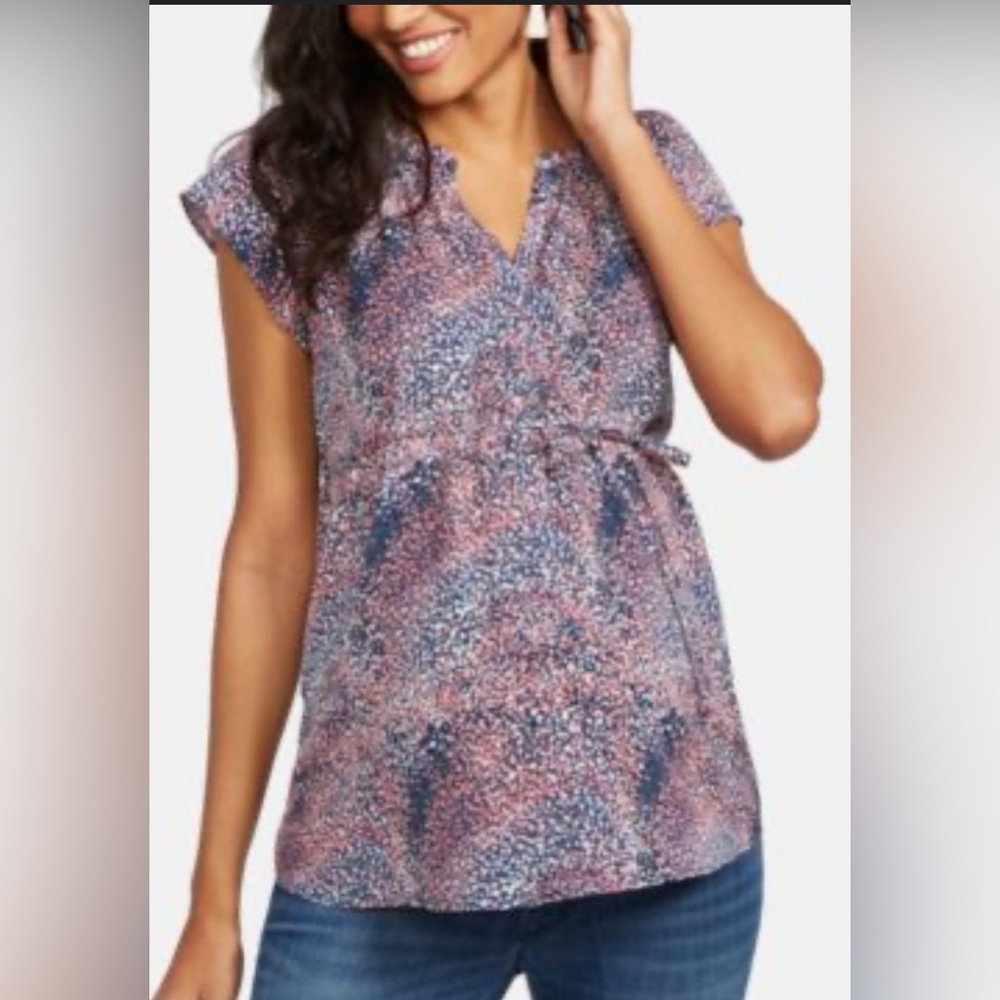 Motherhoodโ Maternity Women's S Maternity Navy Pink Abstract V-Neck A-Line Tie